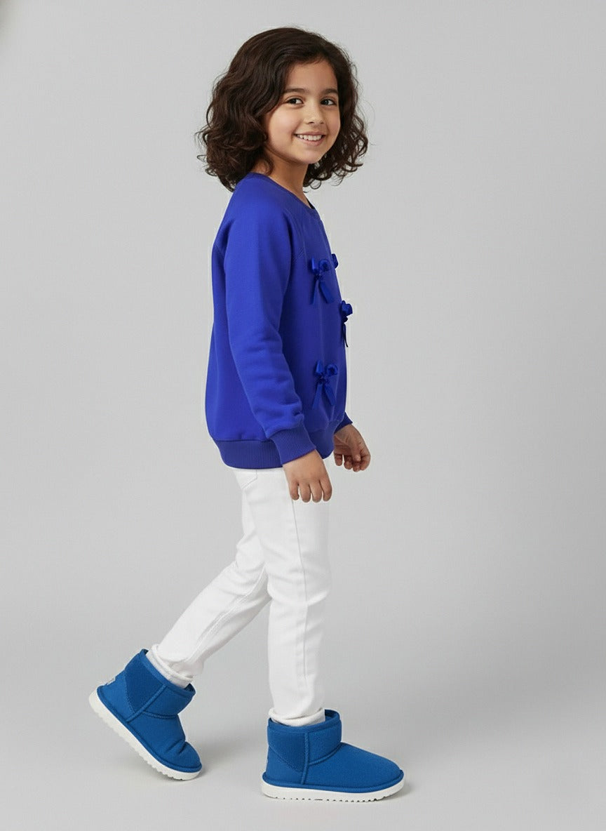 Girls Blue Full Sleeve Fleece Bow Sweatshirt