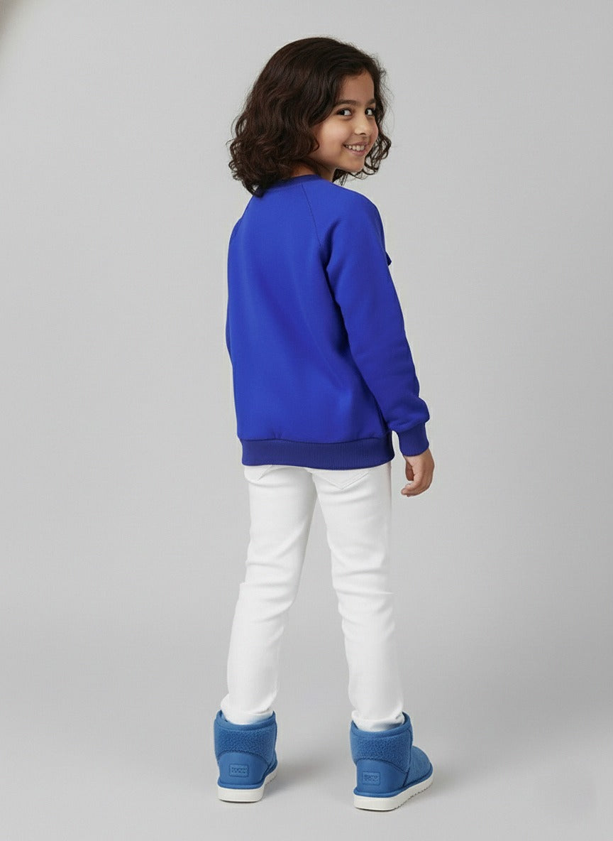 Girls Blue Full Sleeve Fleece Bow Sweatshirt