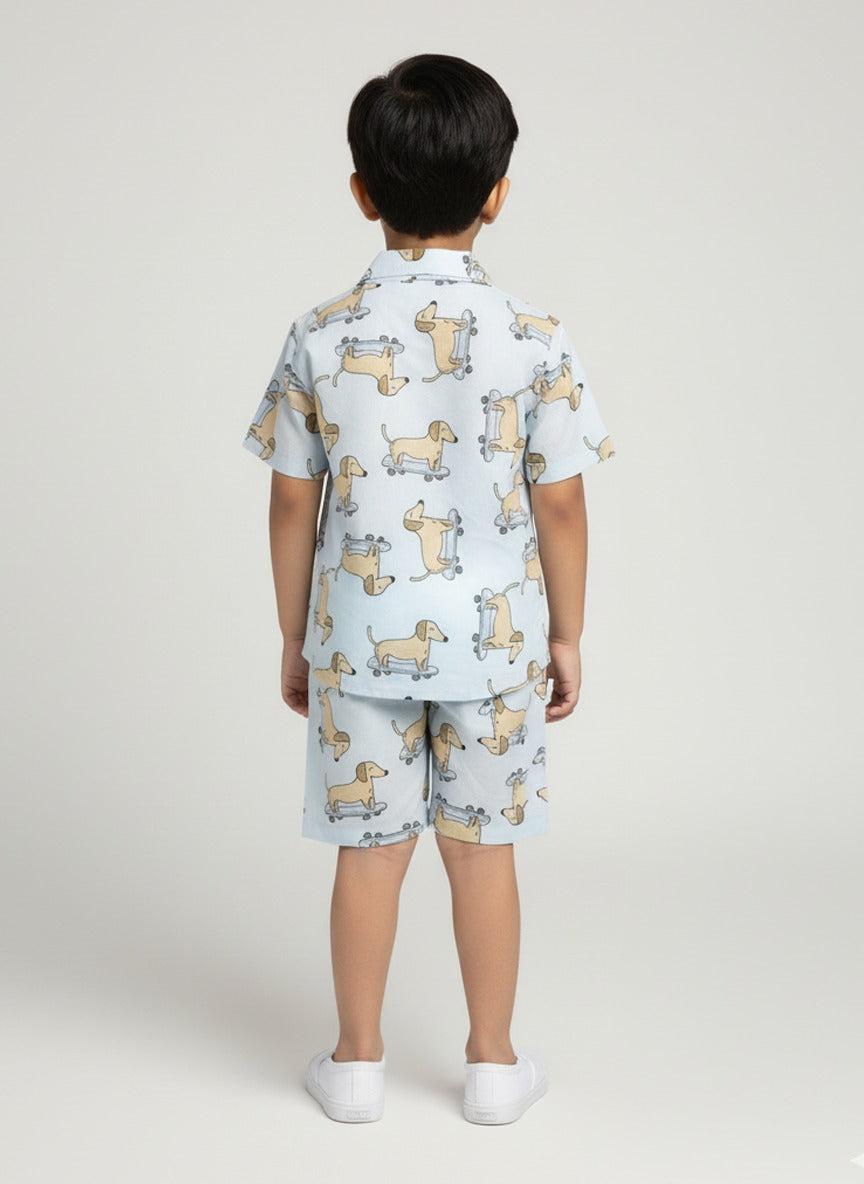 Boys Light Blue Dachshund Print Cotton Co-Ord Set