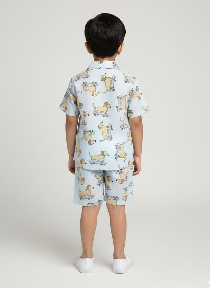 Boys Light Blue Dachshund Print Cotton Co-Ord Set