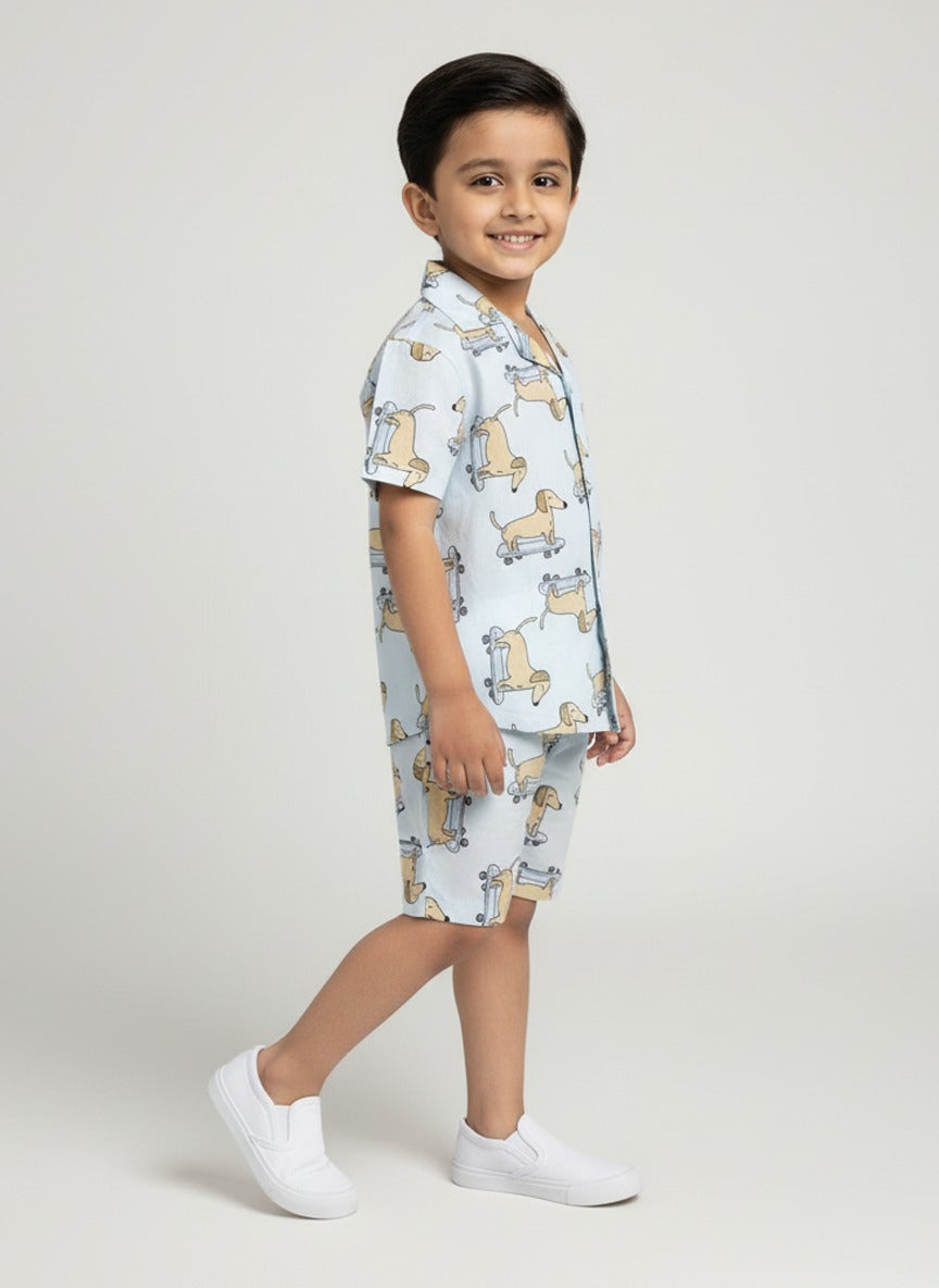 Boys Light Blue Dachshund Print Cotton Co-Ord Set