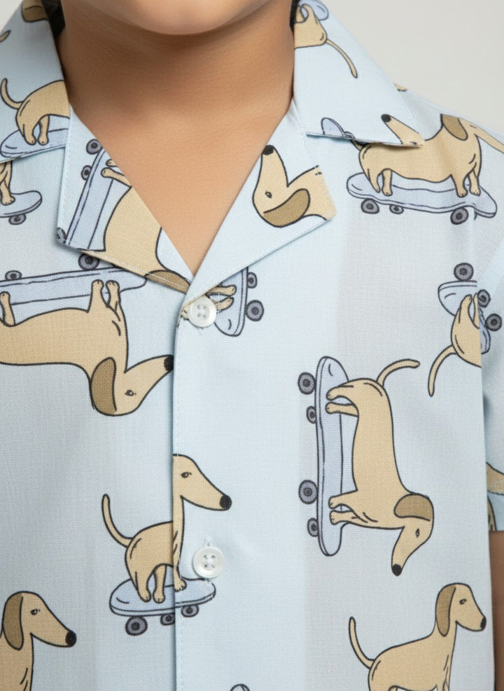 Boys Light Blue Dachshund Print Cotton Co-Ord Set