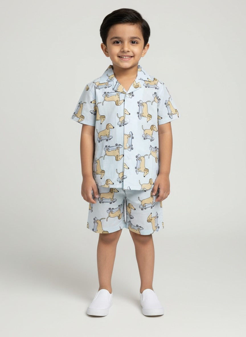 Boys Light Blue Dachshund Print Cotton Co-Ord Set