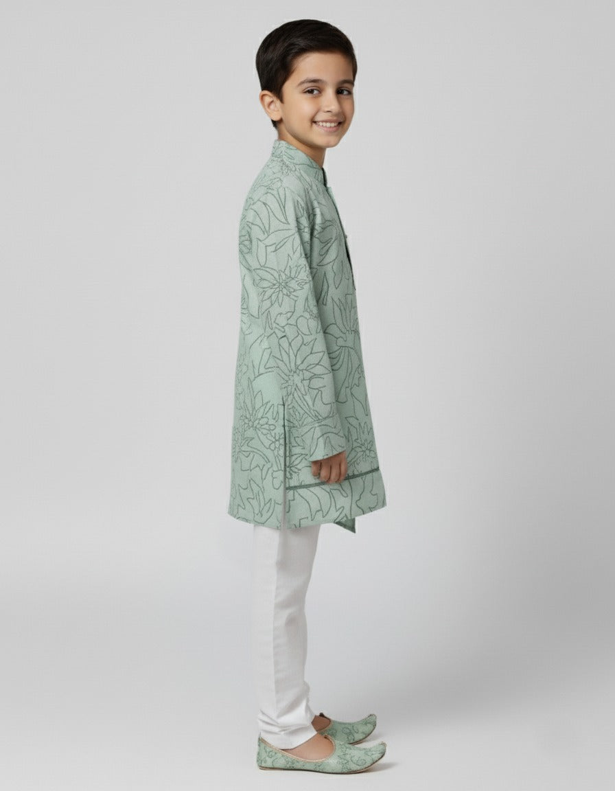 Boys Green Cotton Printed Ethnic Kurta Pajama Set