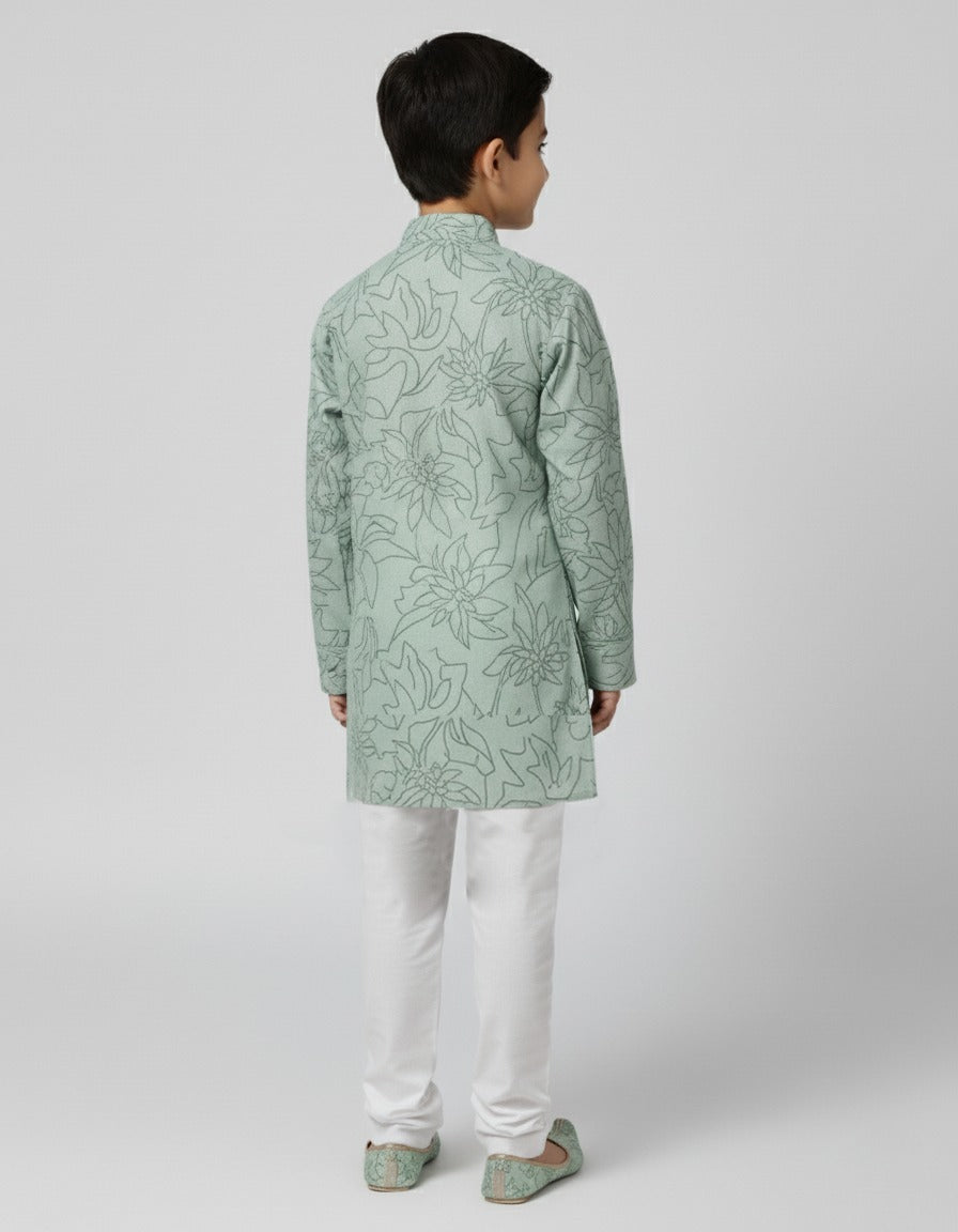 Boys Green Cotton Printed Ethnic Kurta Pajama Set
