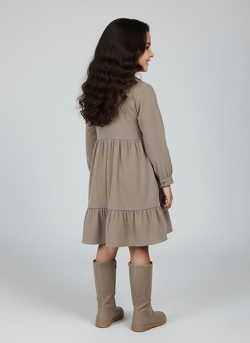 Girl's Beige Corduroy Full Sleeve Tiered Dress