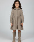 Girl's Beige Corduroy Full Sleeve Tiered Dress