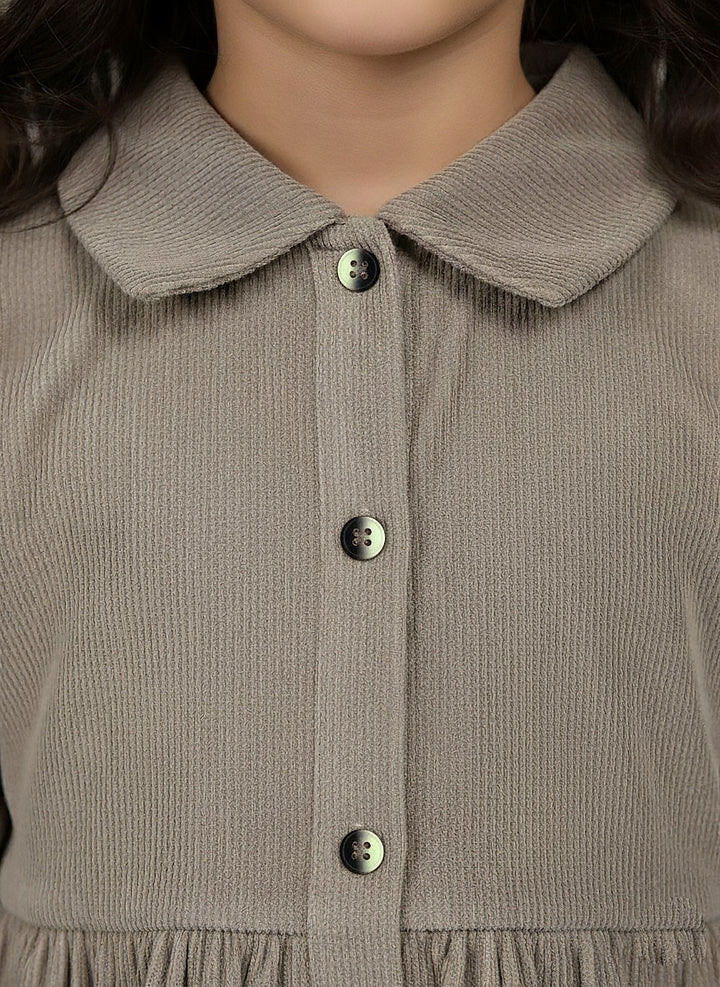 Girl's Beige Corduroy Full Sleeve Tiered Dress