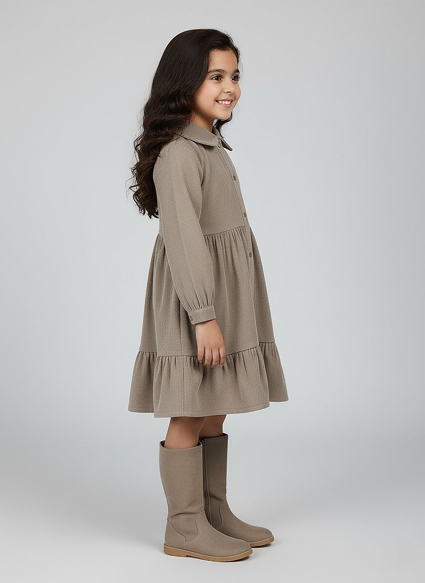 Girl's Beige Corduroy Full Sleeve Tiered Dress