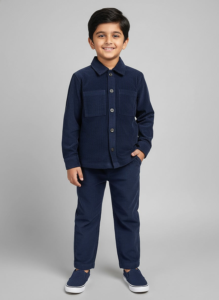 Boys Blue Corduroy Dual Pocket Shirt & Bottom Set
