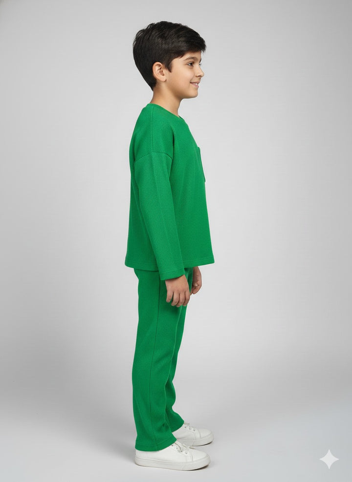 Kids Green Waffle Oversized T-Shirt and Pant Set