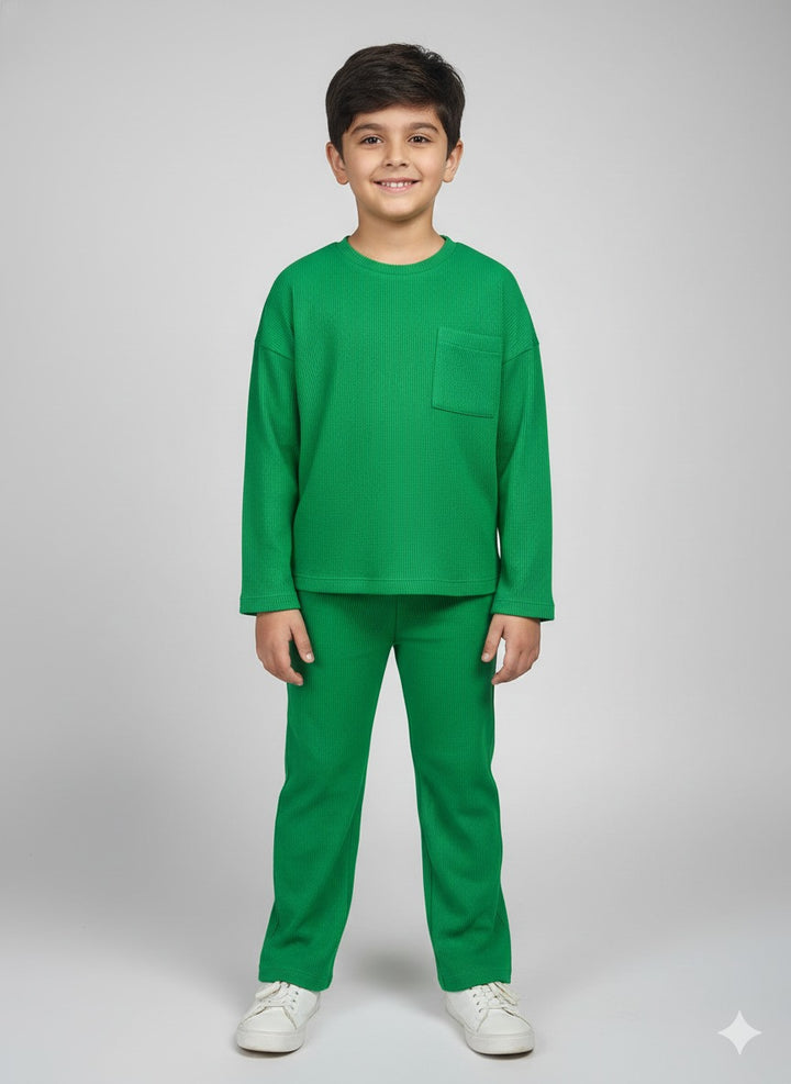 Kids Green Waffle Oversized T-Shirt and Pant Set