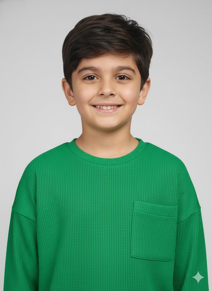 Kids Green Waffle Oversized T-Shirt and Pant Set