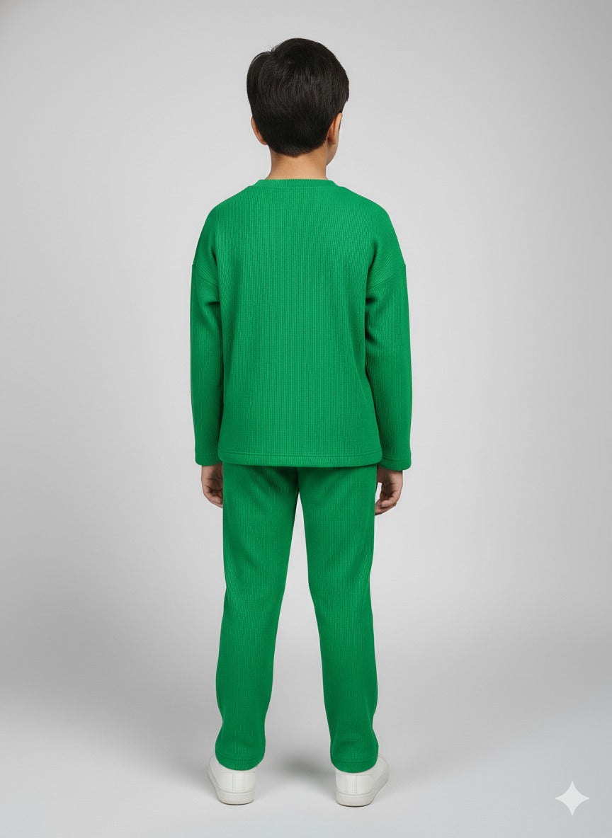 Kids Green Waffle Oversized T-Shirt and Pant Set