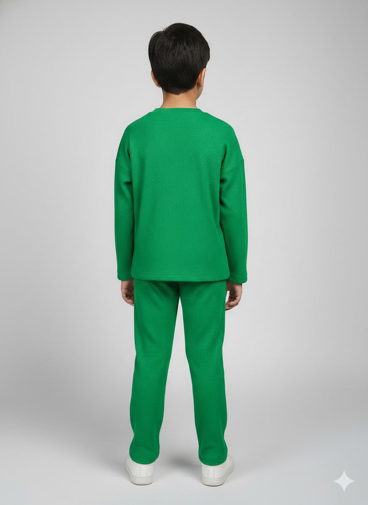 Kids Green Waffle Oversized T-Shirt and Pant Set