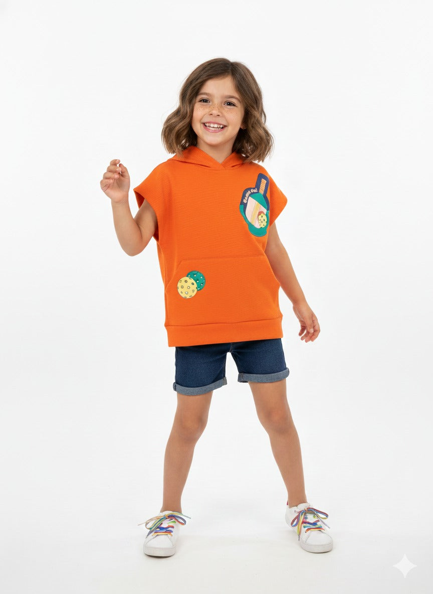 Girls Orange Pickleball Sleeveless Hoodie