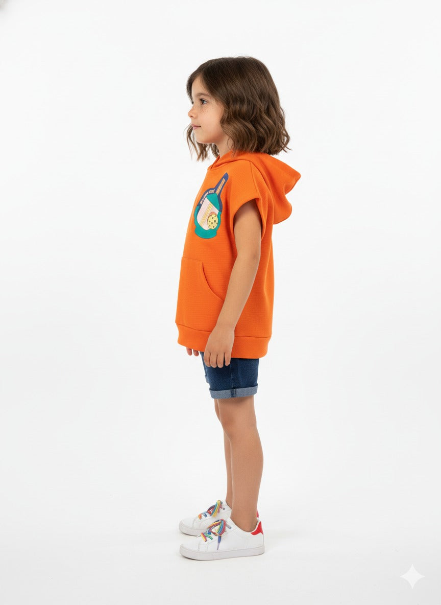 Girls Orange Pickleball Sleeveless Hoodie