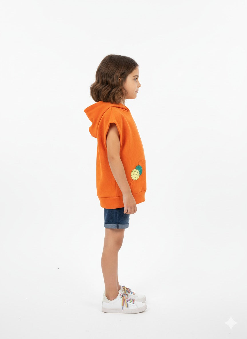 Girls Orange Pickleball Sleeveless Hoodie