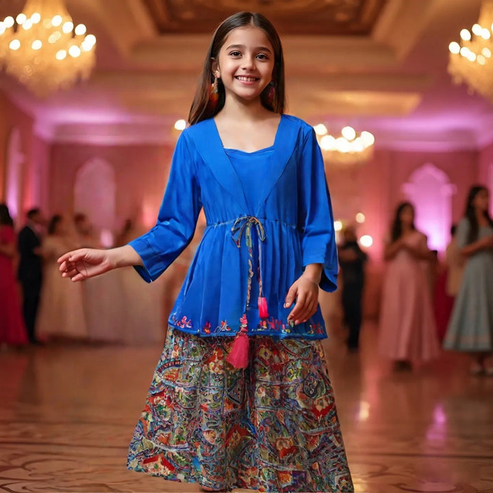 Girls Royal Blue Ethnic Peplum Tunic and Sharara Set