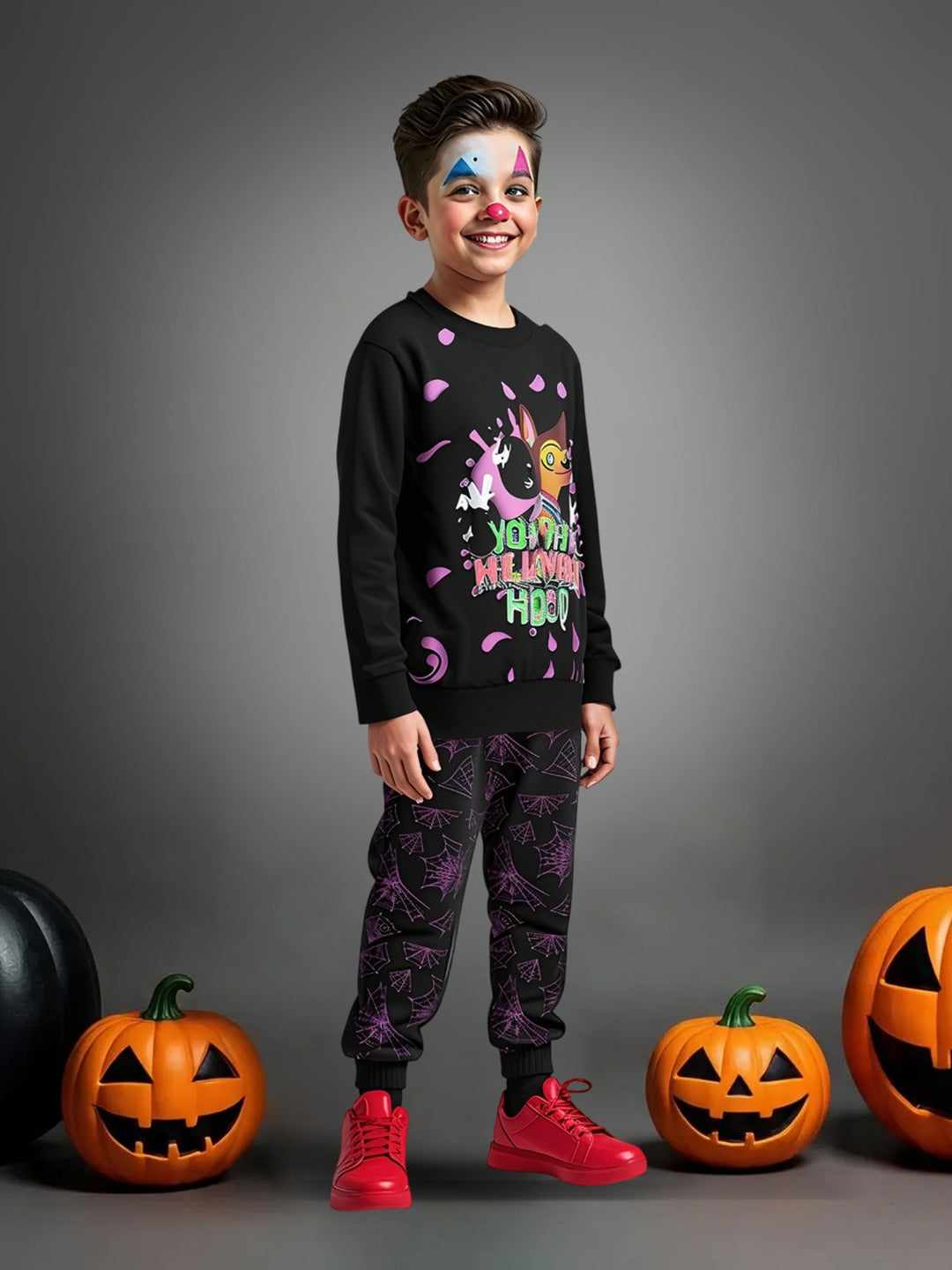 Boys Black Cotton Spandex  Printed Sweatshirt Set