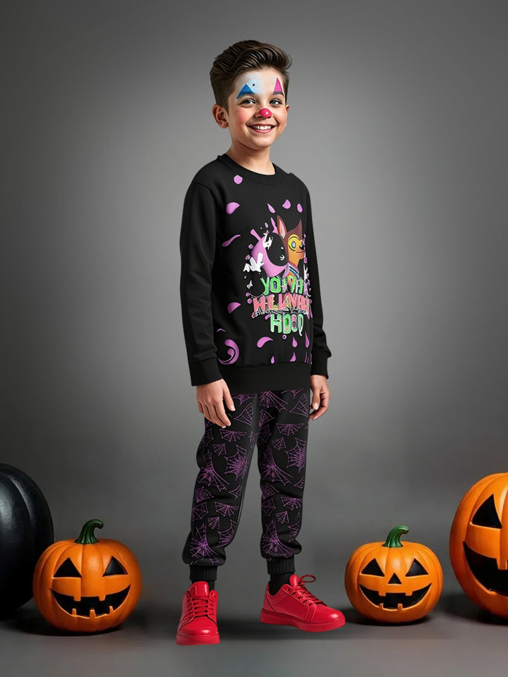 Boys Black Cotton Spandex  Printed Sweatshirt Set