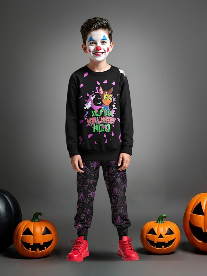 Boys Black Cotton Spandex  Printed Sweatshirt Set