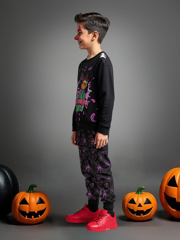 Boys Black Cotton Spandex  Printed Sweatshirt Set