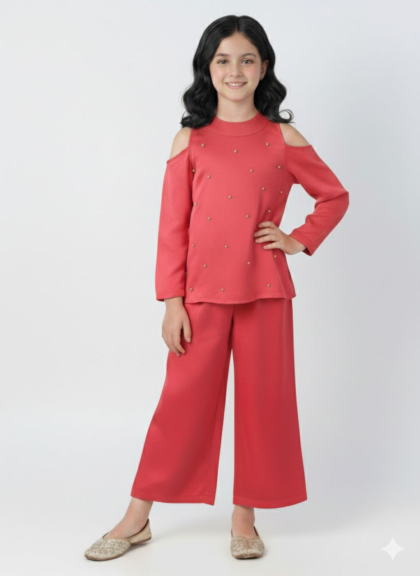 Girl Pink Round Neck Emblishment Ethnic set