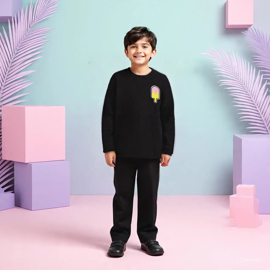 Boy Black Waffle Knit Popsicle Patch Top with Bottom Set