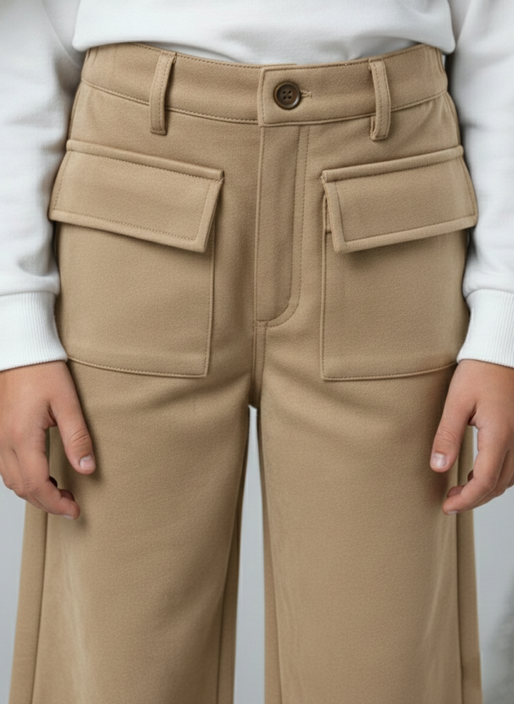 Girls Tan Suede Solid Wide-Leg Trousers