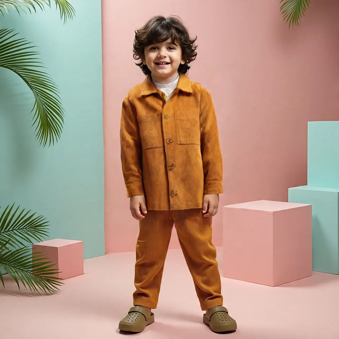 Boys Peach Cordary Dual Pocket Shirt & Bottom Set