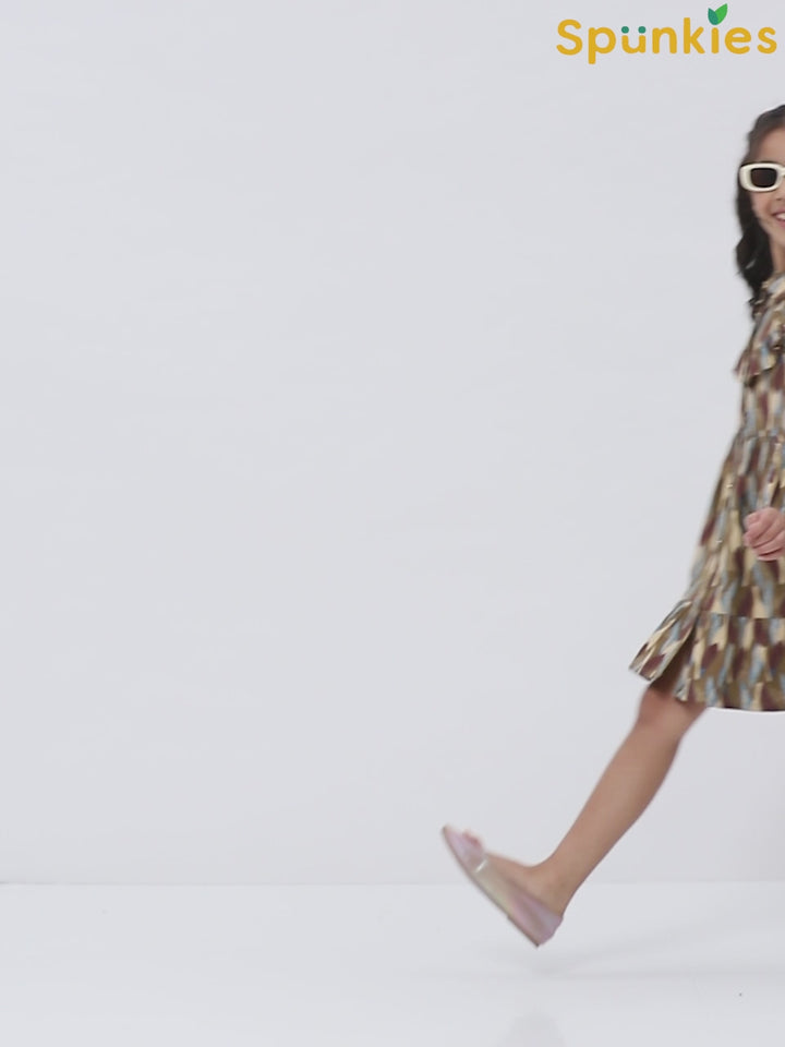 Girls Brown Abstract Print Fit and Flare Dress