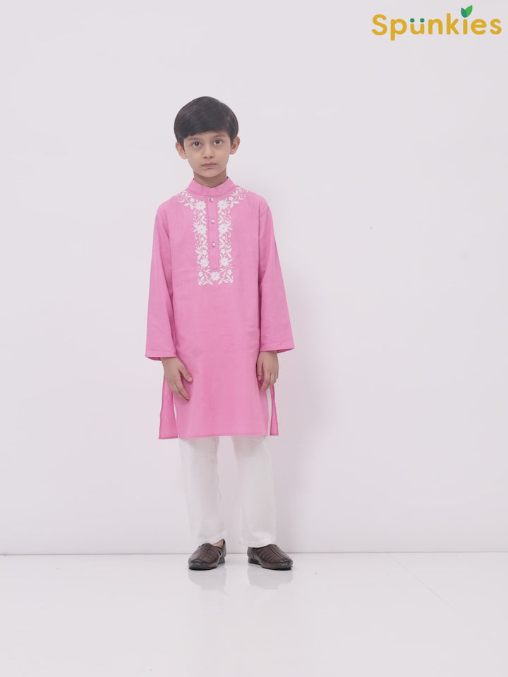 Boys Cotton Linen Pink Embroidered Kurta Set