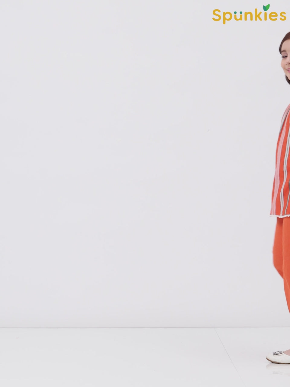 Girls Cotton Linen Orange Striped Ethnic Co-Ord Set