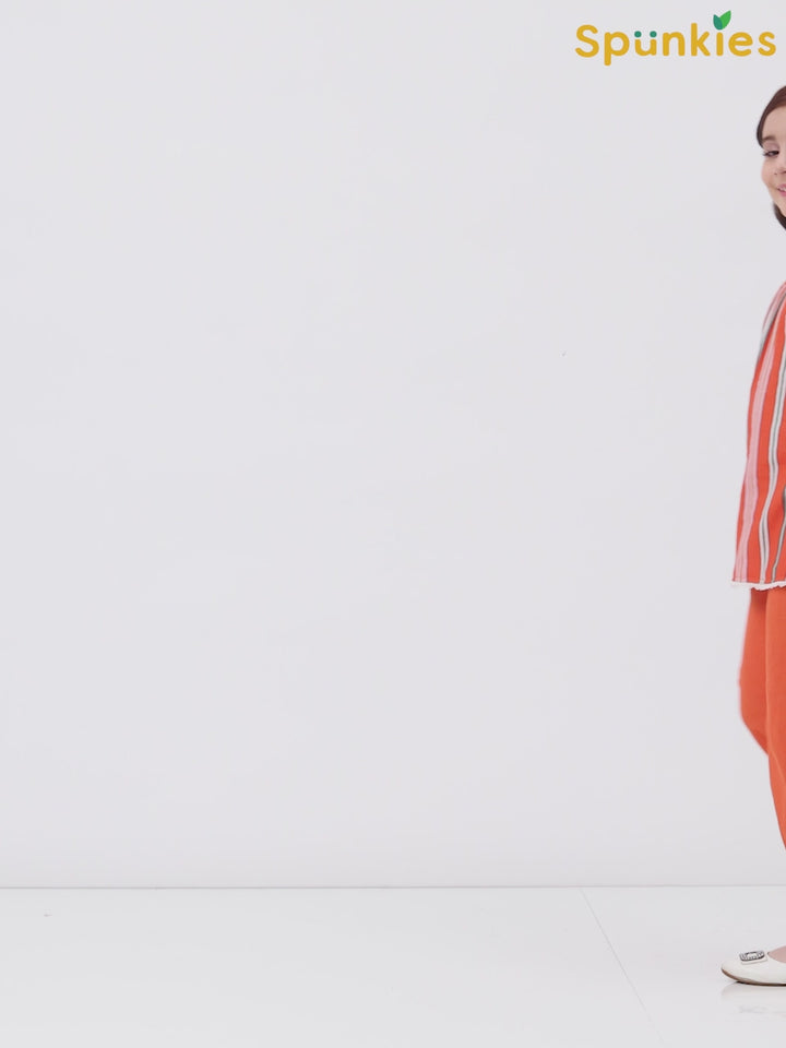 Girls Cotton Linen Orange Striped Ethnic Co-Ord Set