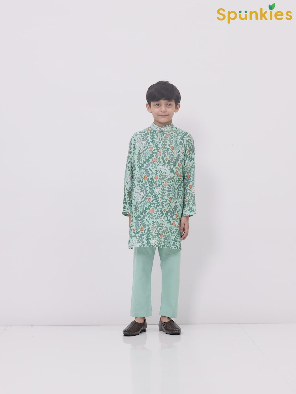 Boys Cotton Chanderi Green Printed Kurta Set
