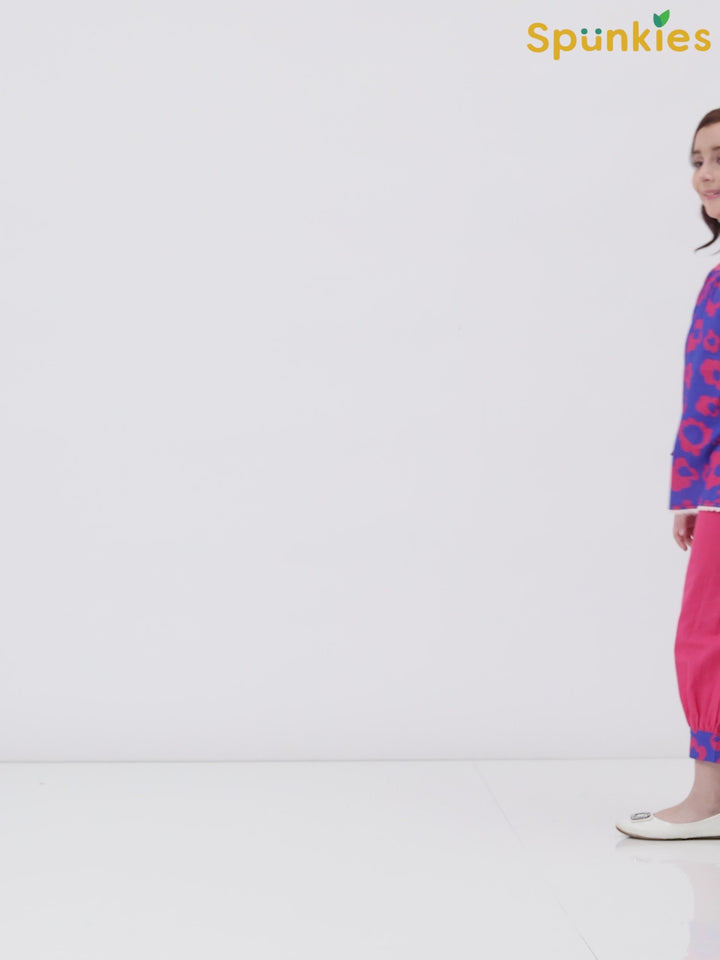 Girls Cotton Linen Blue Printed  Ethnic Co-Ord Set