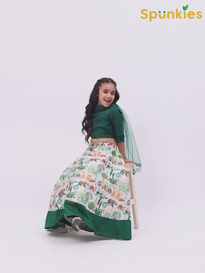 Spunkies White Printed Lehenga with Green 3/4th Sleeve Top Set