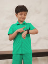 Boys Green Cotton Jacquard  Polo T-shirt and Shorts Set