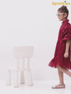 Girl's Maroon Collared Pleated Tulle Cap Sleeve Dress