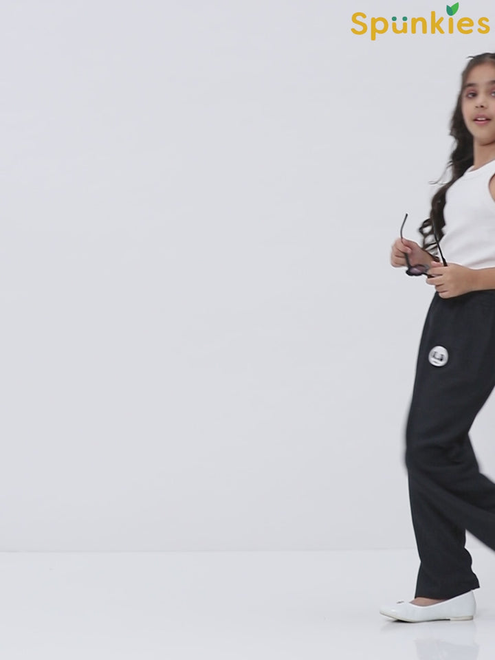 Girls Black Wide-Leg Pants with Panda Patch