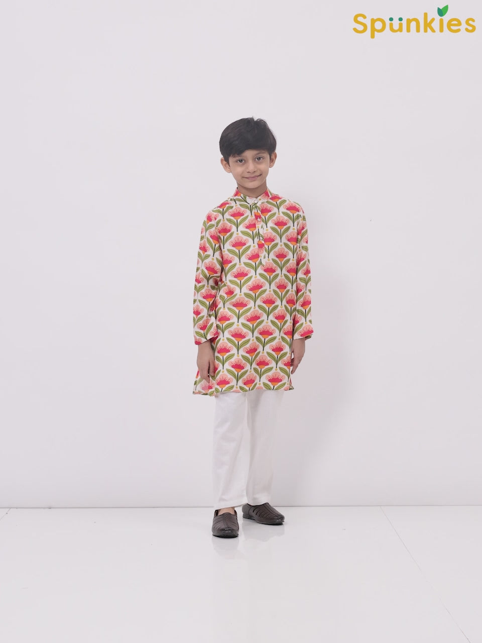 Boys Cotton Chanderi White Floral Printed Kurta Set