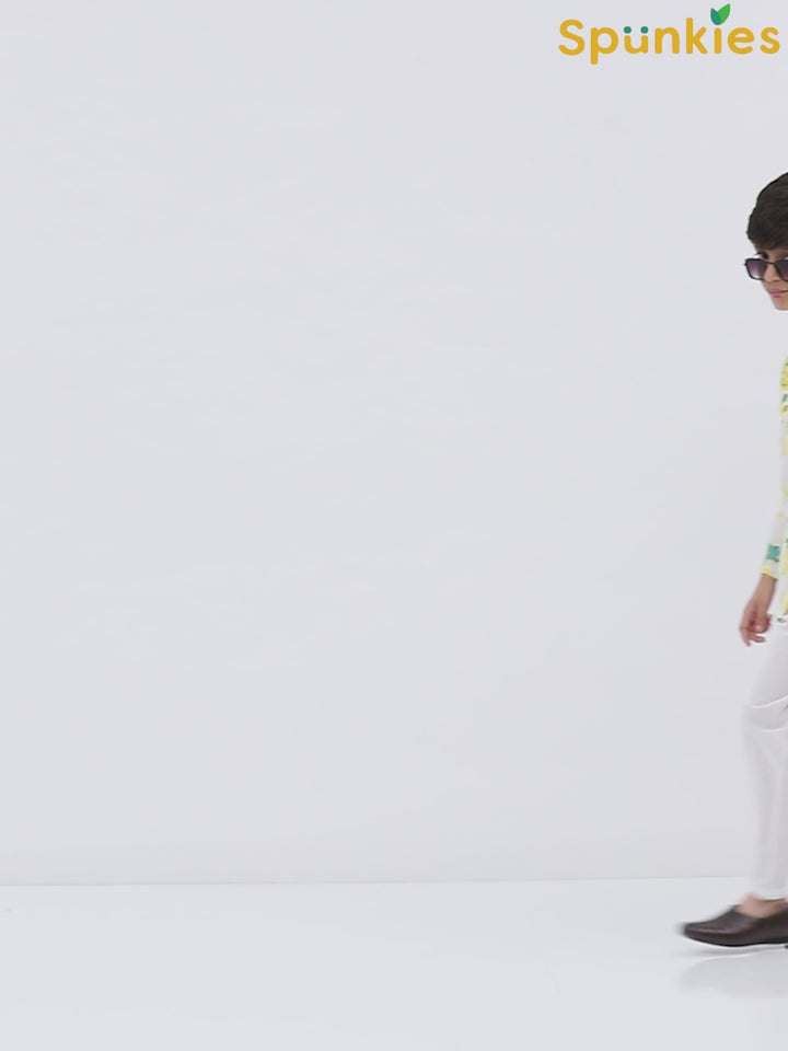 Boys White Cotton Printed Ethnic Kurta Pajama Set