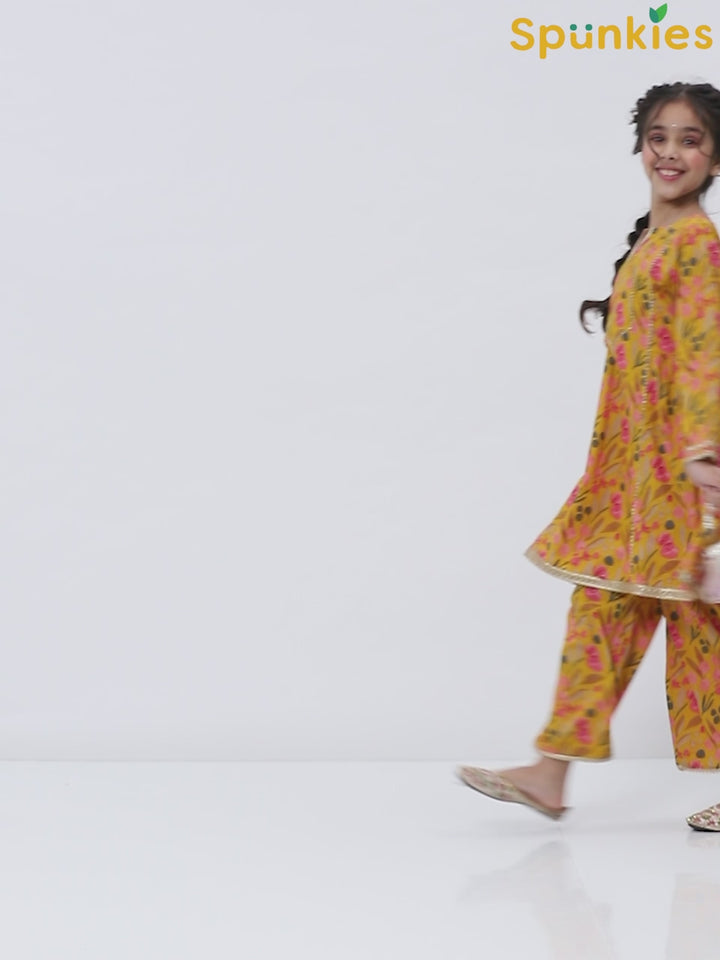 Girls Yellow Floral Print Ethnic Kurta and Palazzo Set