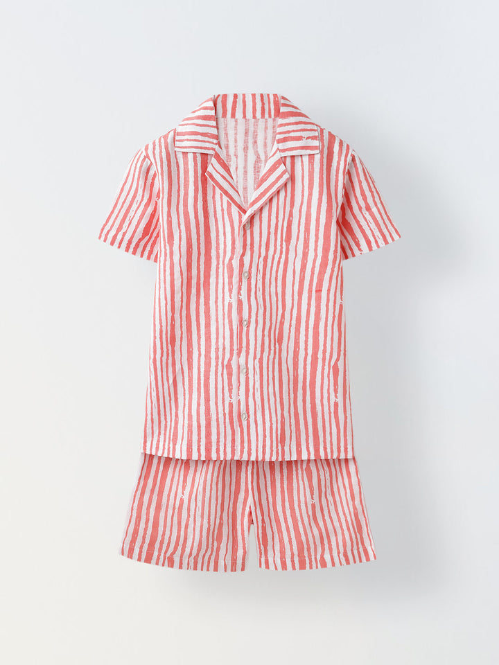 White & Coral Red Striped Co-Ord Set- Boy