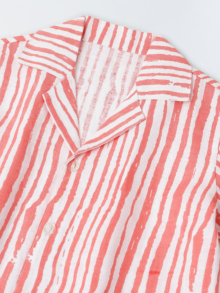 White & Coral Red Striped Co-Ord Set- Boy