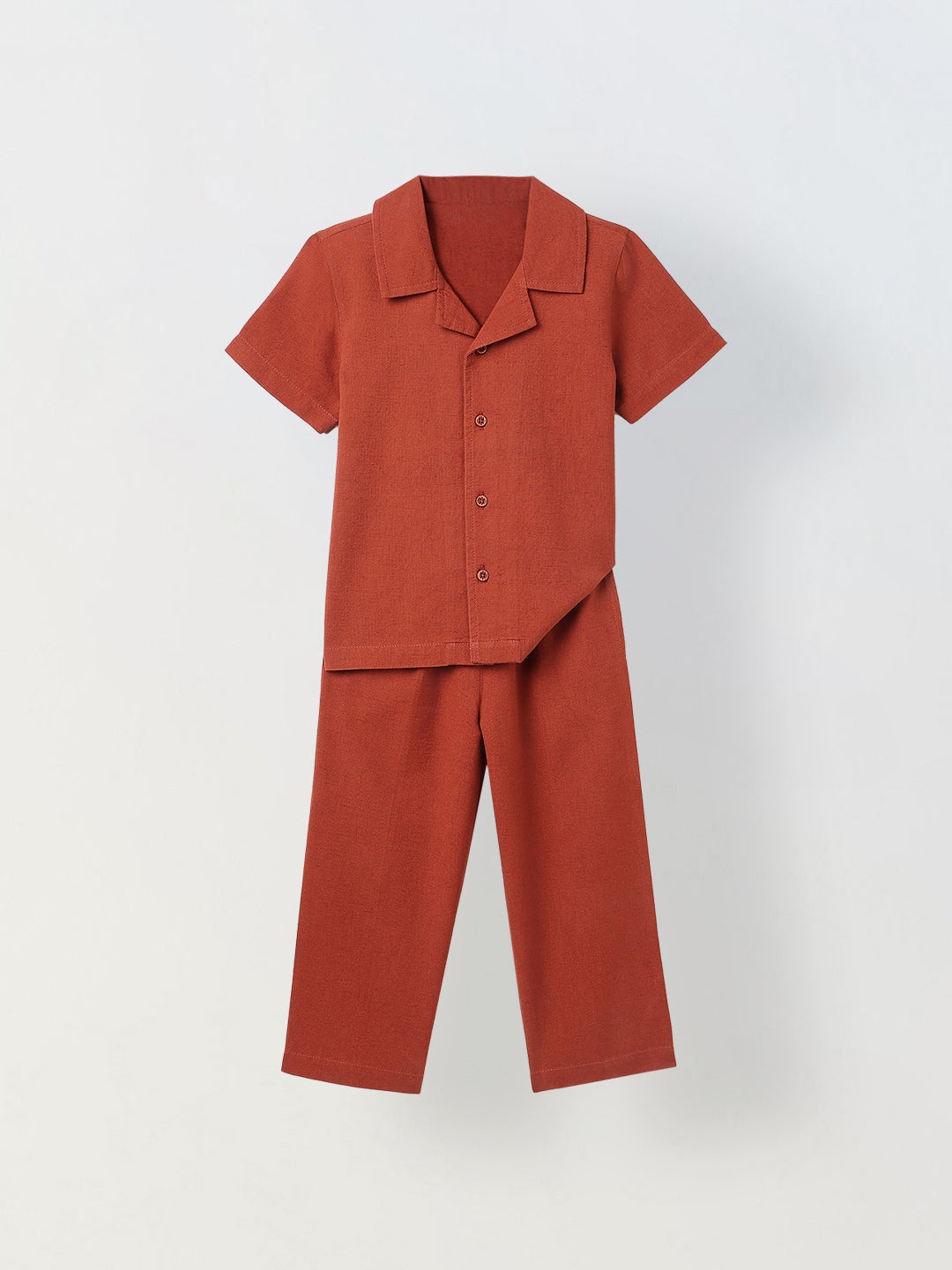 Spunkies Boys Red Solid Resort Collar Short Sleeves Shirt and Trousers Set