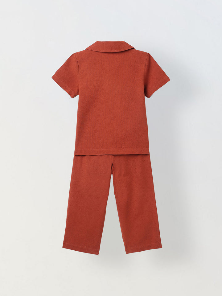 Spunkies Boys Red Solid Resort Collar Short Sleeves Shirt and Trousers Set