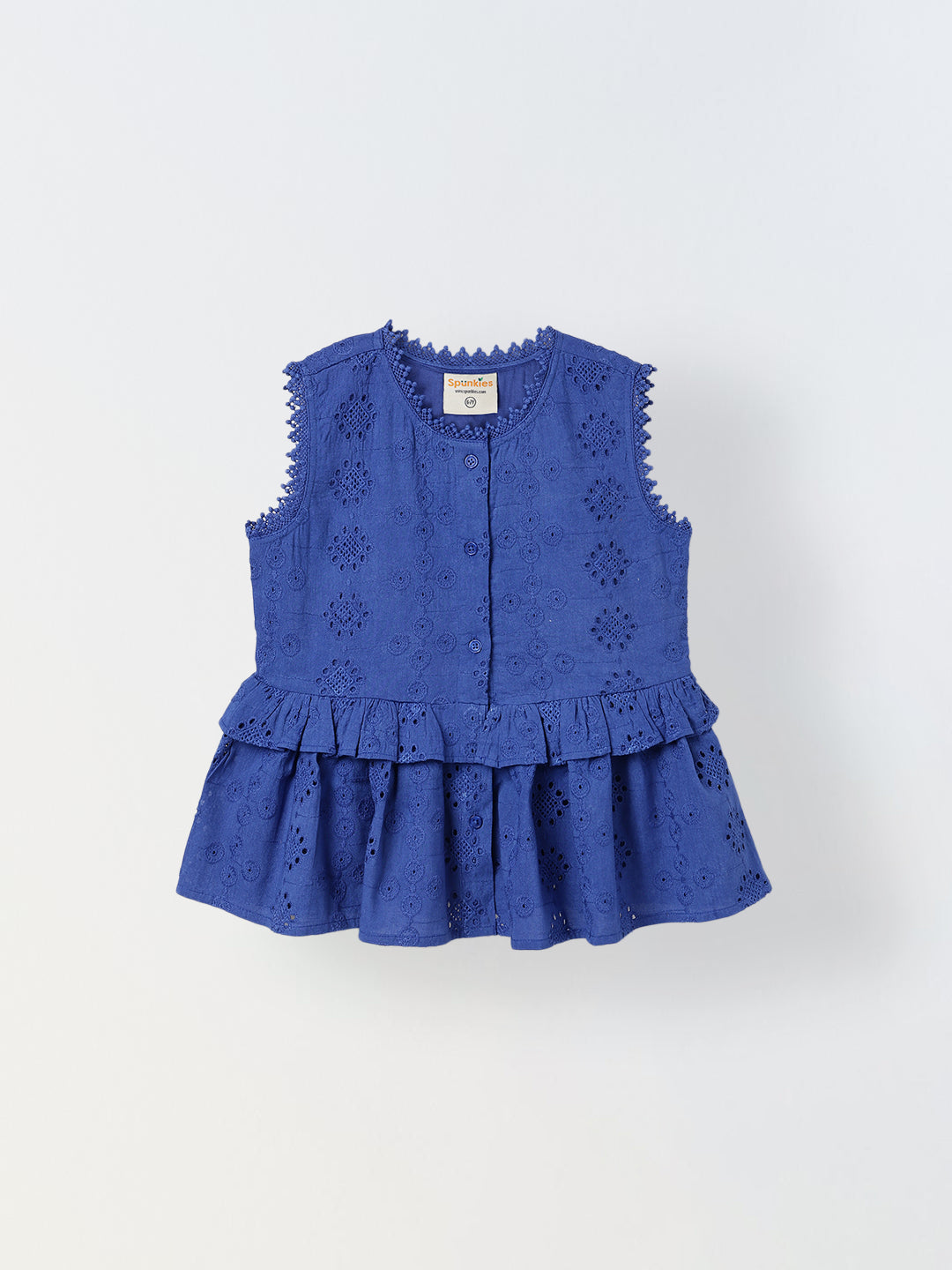 Spunkies Blue Girls Schiffli Embroidered Round Neck Sleeveless A-Line Dress
