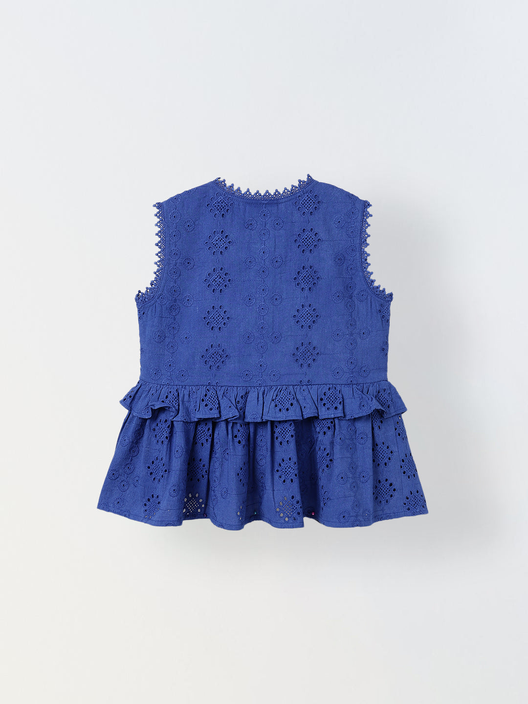 Spunkies Blue Girls Schiffli Embroidered Round Neck Sleeveless A-Line Dress